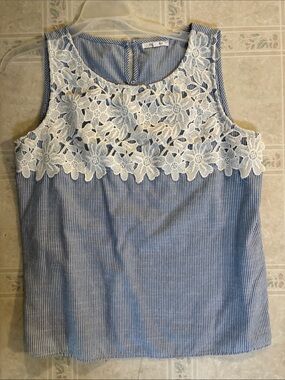 Blue Pinstripe Camisole with White Floral Lace Yoke